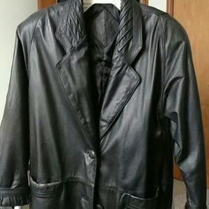Ladies small long black leather dress coat